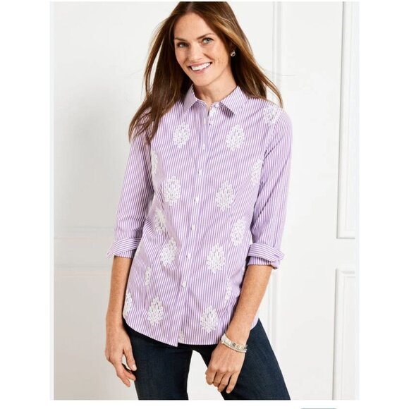 Talbots Perfect Purple White Floral Striped Non-Iron Collared Button Front Long - Picture 1 of 12